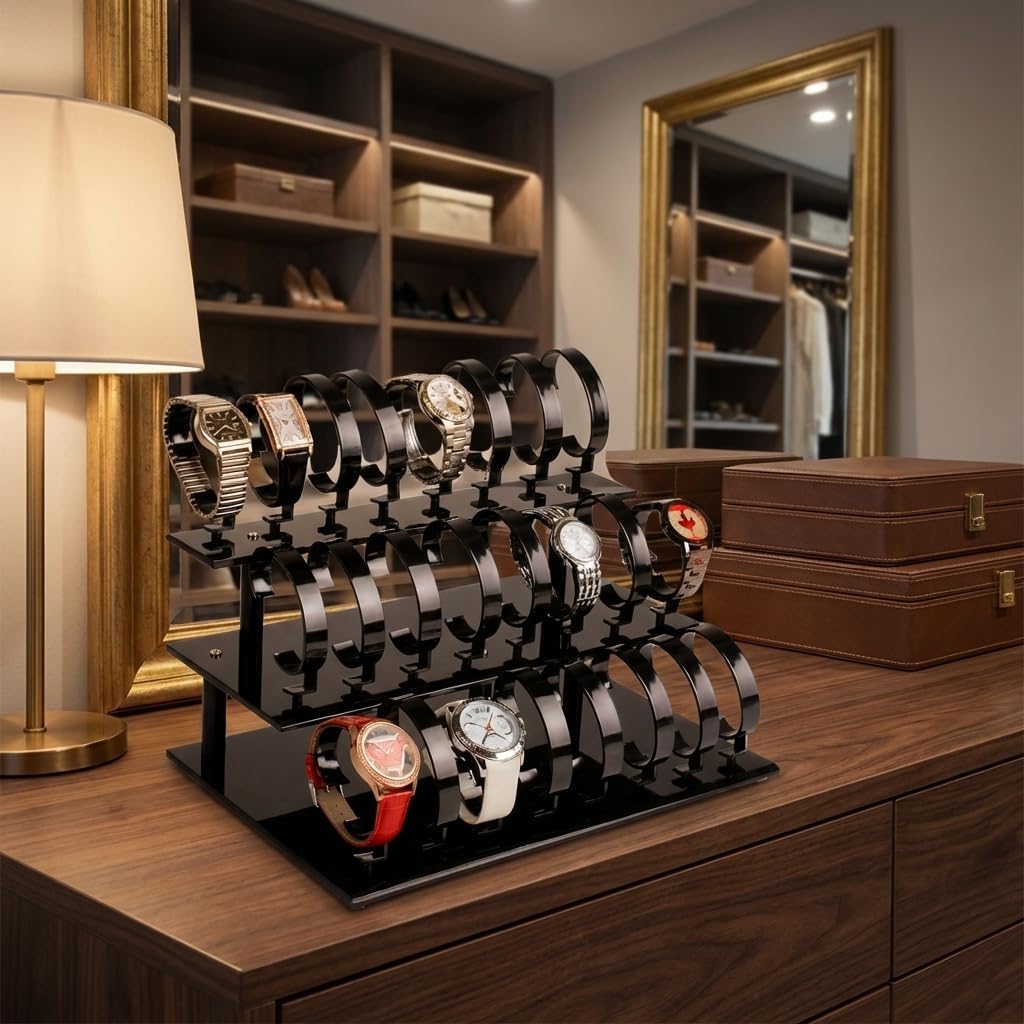 3-Tier Watch Stand Holder Removable 24 Acrylic Watch Jewelry Display Rack Watch Display Rack Organizer for Men and Women (Black)