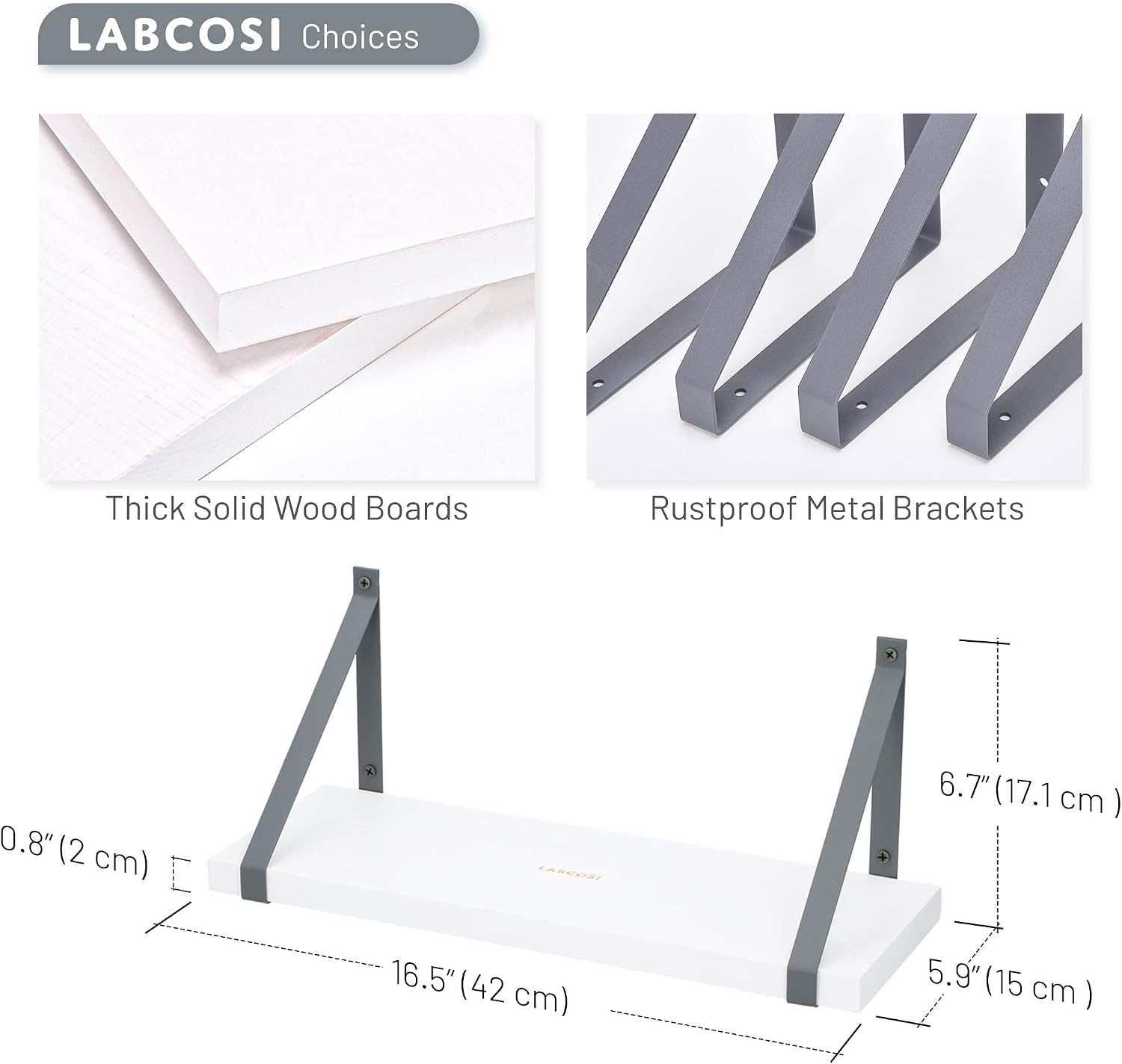 Labcosi White Floating Shelves for Bathroom, Living Room, Kitchen, Bedroom, Wall Mounted Organizer, 2-Pack Solid Wood Wall Shelf Over Toilet, Modern Décor