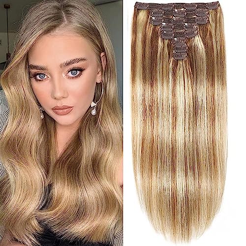 18inch Double Weft Clip in Hair Extensions Real Human Hair 8pcs 100g Full Head-Silky Straight 100% Remy Human Hair Highlighted Color Lace Weft Clip in Human Hair Extensions (18 Inch-100g, P12/613)