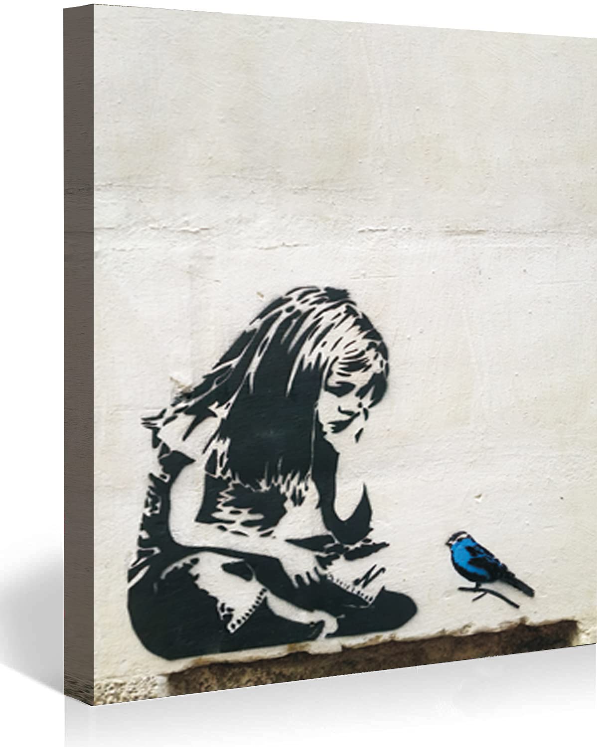 MJEDC Banksy Canvas Wall Art Girl with Blue Bird Street Graffiti Art Canvas Prints for Living Room Bedroom Home Decorations Modern Stretched Framed Giclee Artwork 20x30cm(7.9x11.8inch)