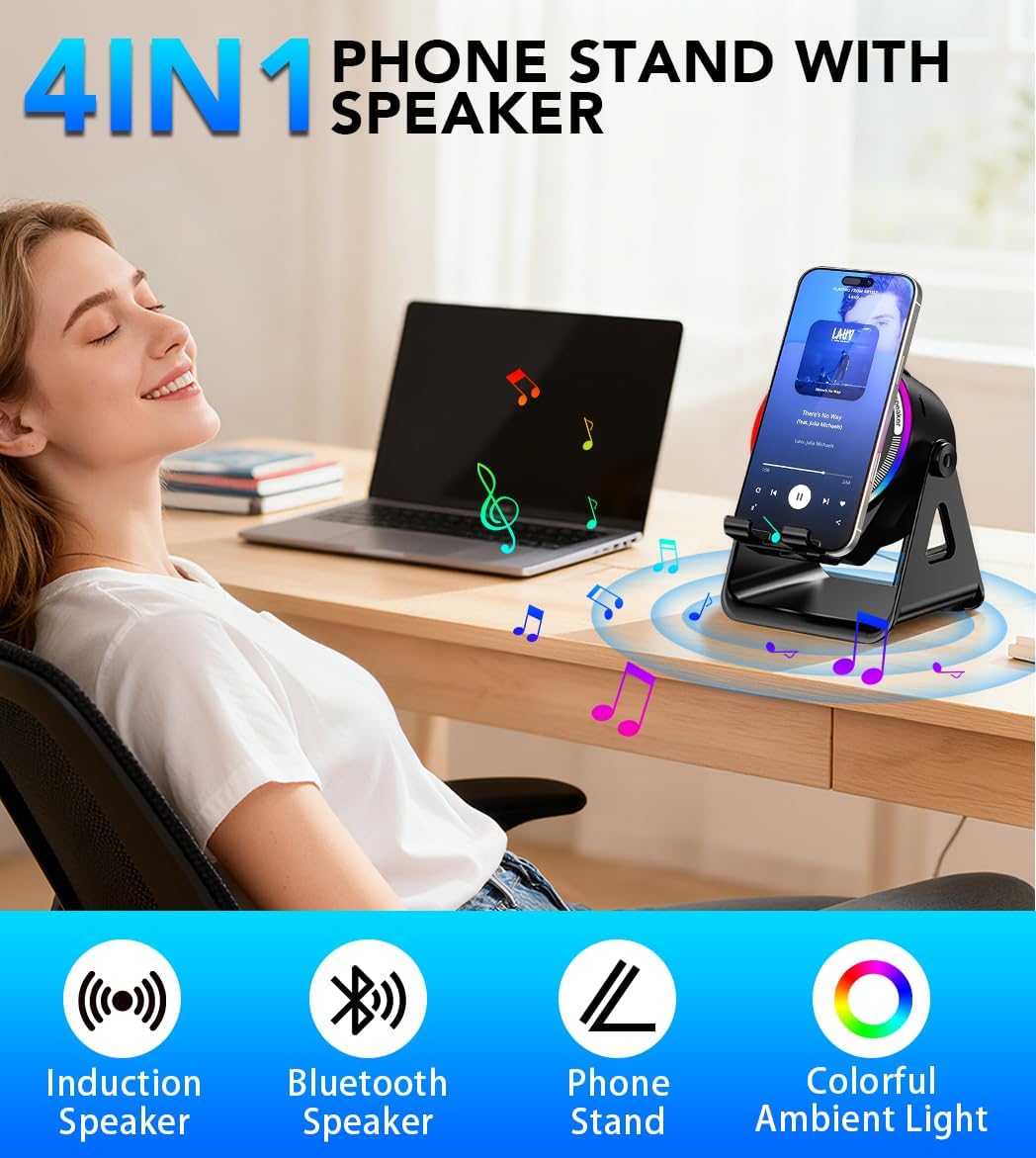 Bluetooth Speaker, 4-in-1 Wireless Induction Speaker & RGB Light Stand Multi-Functional Phone Stand Instant-Connect Stereo Sound, 360° Adjustable Holder for iPhone/Android/iPad/Samsung (Black) - Image 2