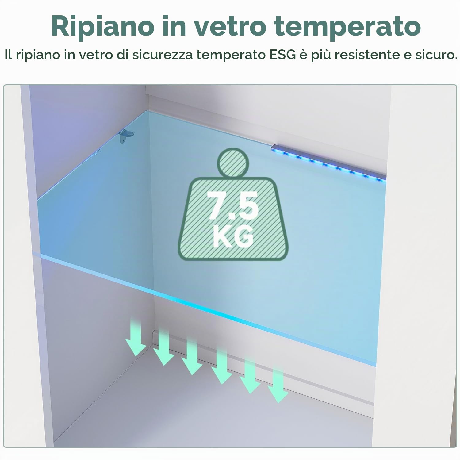 Vetrina per soggiorno, vetrina in vetro bianco, 550 x 350 x 1720 mm, con illuminazione LED blu