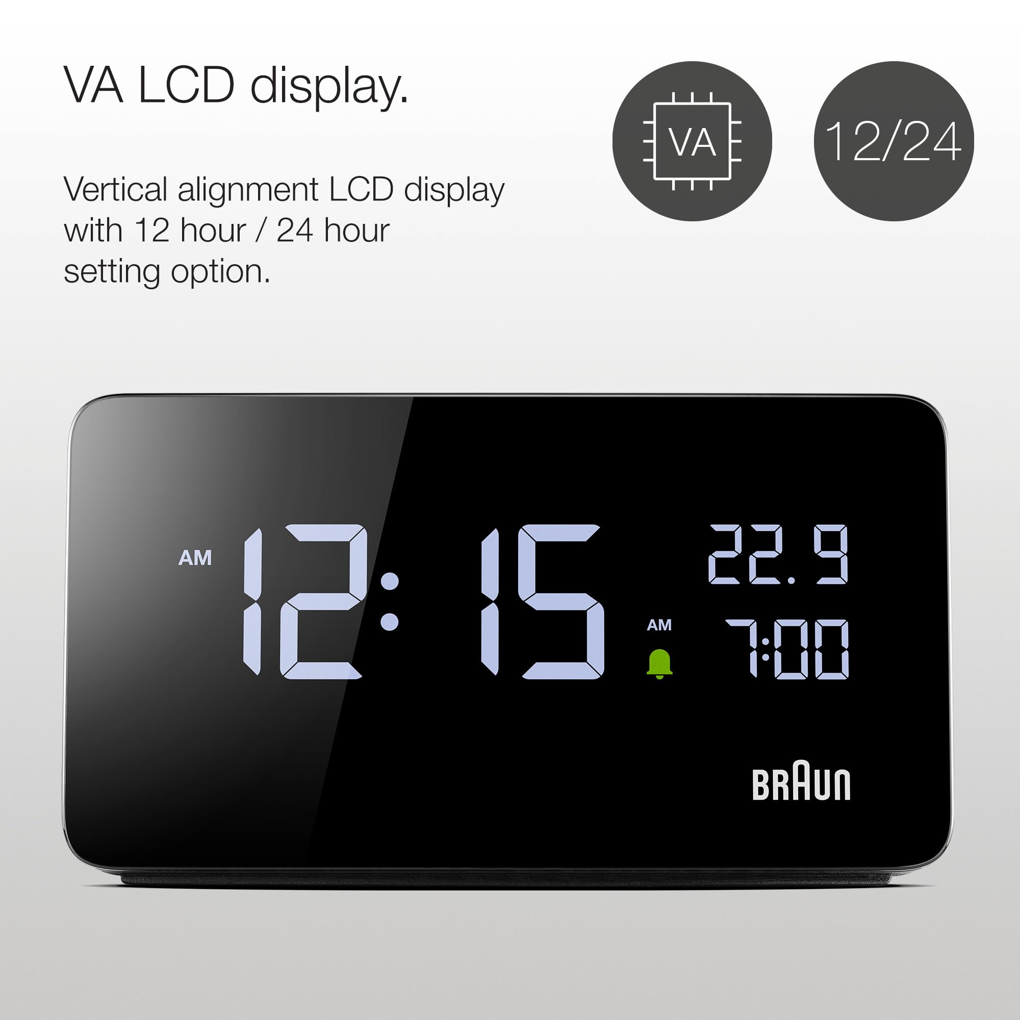 Braun Reloj Despertador Digital Pantalla LCD, 2 Puertos USB-C para Cargar Otros Dispositivos, visualización de Fecha y Hora, repetición táctil, configuración rápida, en Negro, Modelo BC20B.