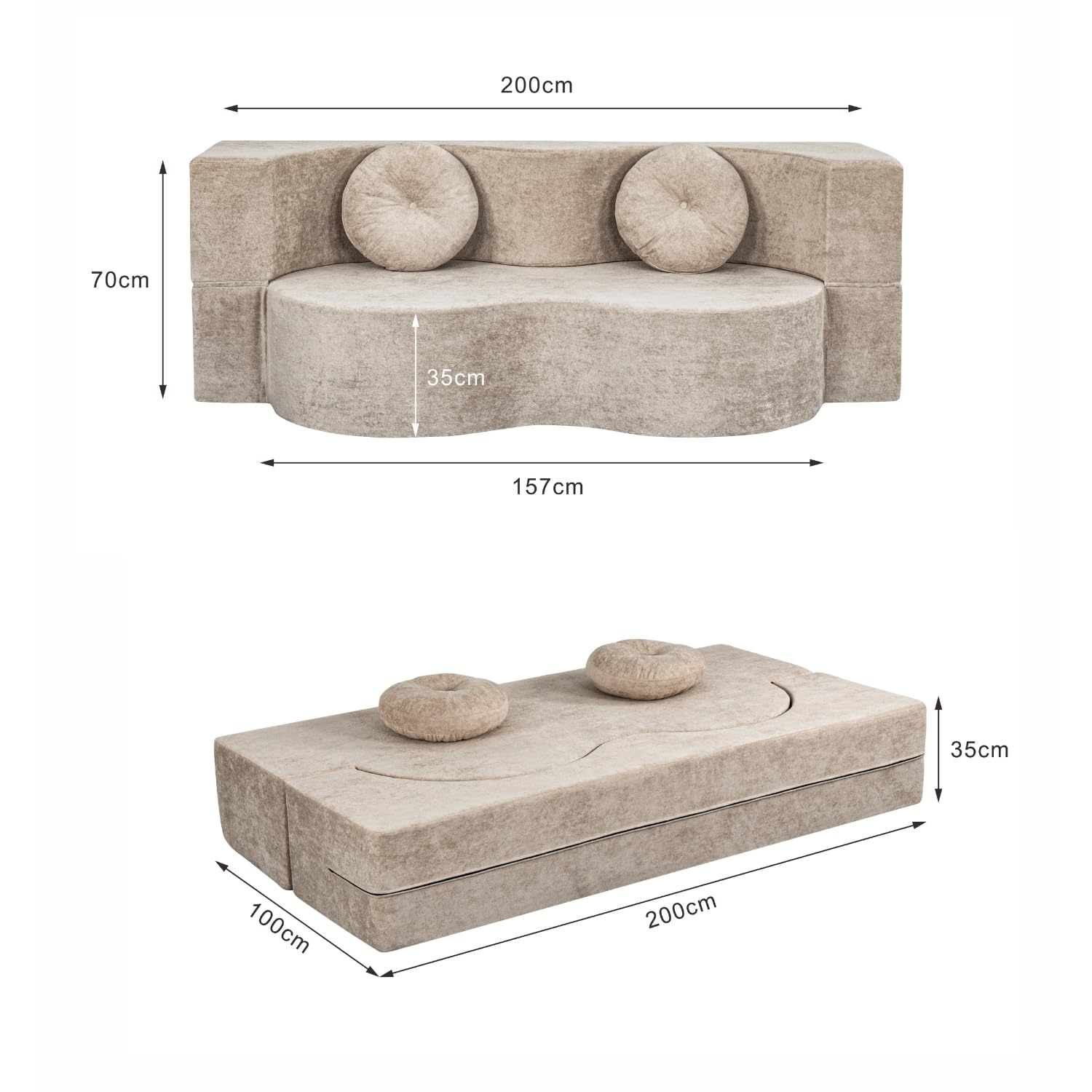 Armana Elise Divano 2/3 posti in tessuto beige, convertibile a letto, 200 cm, comodo, multifunzionale, moderno, consegnato compresso (Beige)