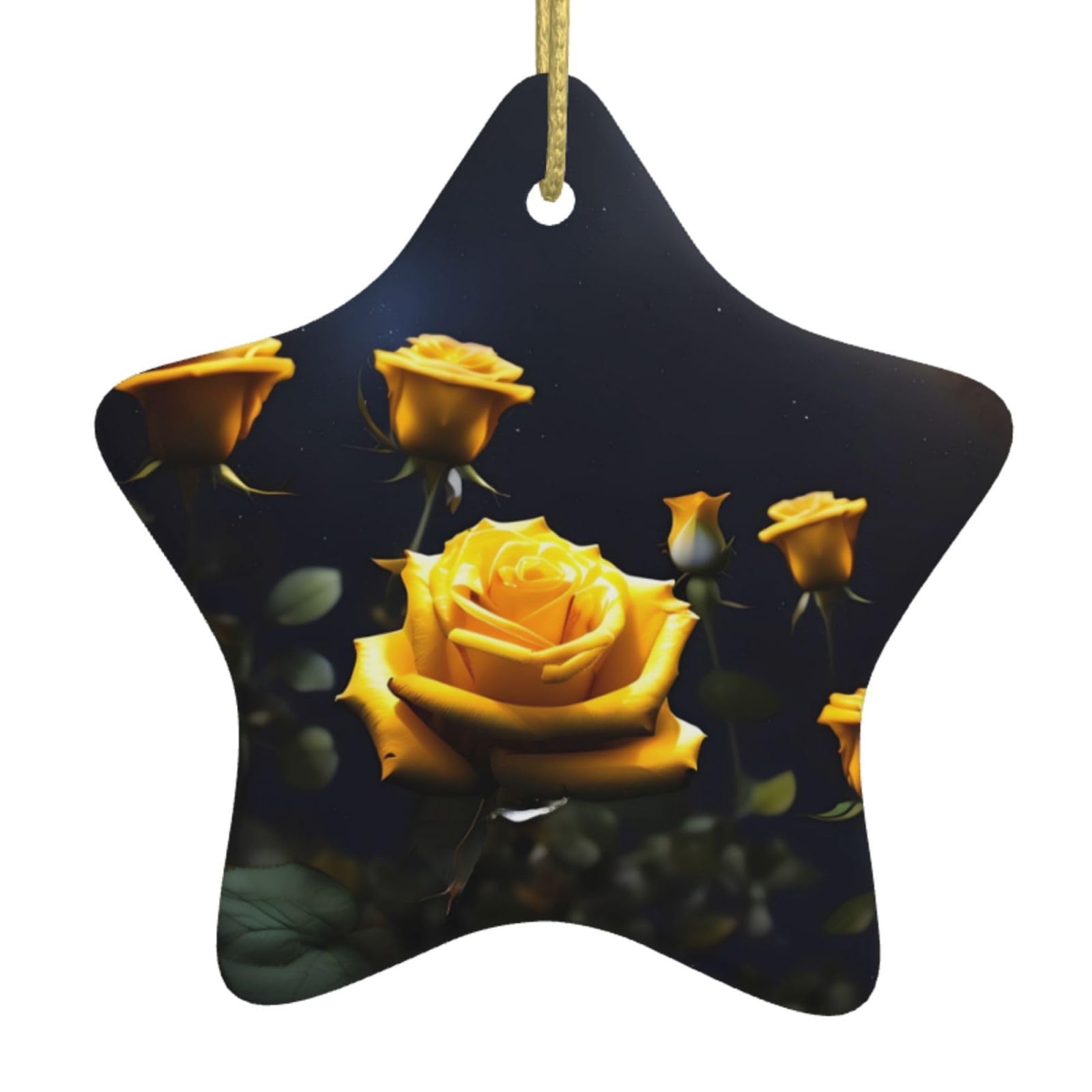 Beautiful Yellow Roses Christmas Ceramic Star Pendant with Punched Holes and Gold Wire Rope, Christmas Tree Home Decoration