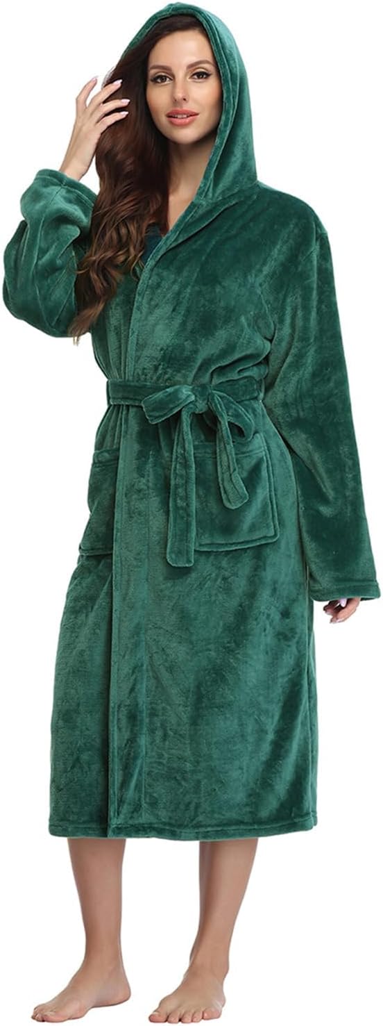 RONGTAI Womens Robes Plush Fleece Hooded Bathrobe Thick Nightgown with Pockets Fluffy Sleepwear, Emerald Green, Medium