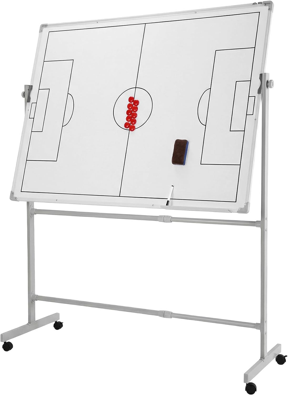 Mobile Double-Sided Magnetic Soccer Coaching Board 360 Degree Reversible Dry Erase Whiteboard with Wheels Height Adjustable Soccer Tactics Board with Magnets Pen & Eraser