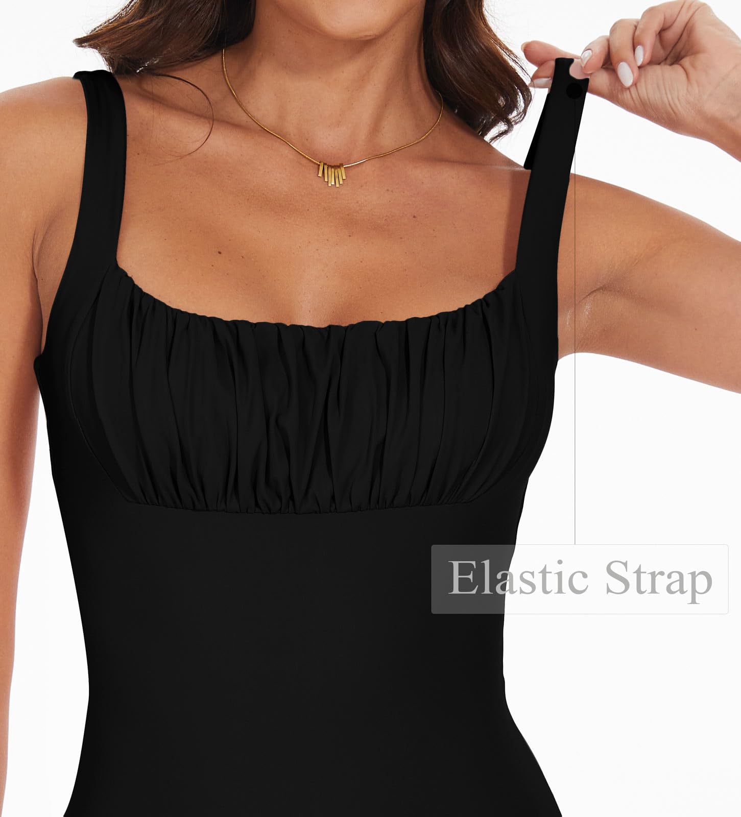 BEJONS Body sexy de cuello cuadrado fruncido sin mangas con doble forro para mujer, Negro -, Large