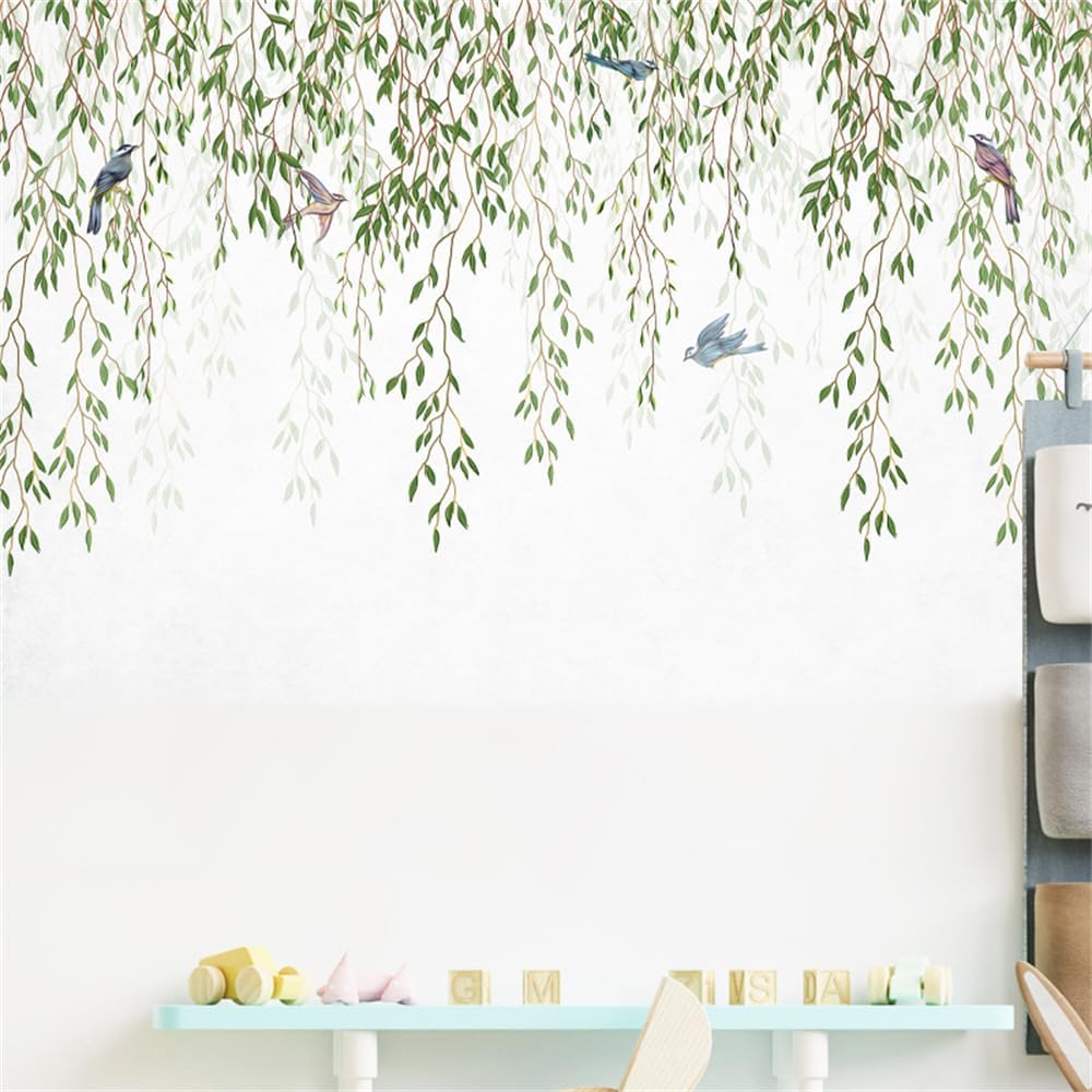 Hanging Green Willow Wall Decals Bird Spring Vine Wall Stickers Plants Leaves Wall Art Murals Peel and Stick Removable Bedroom Living Room Sofa TV Background Wall Decor