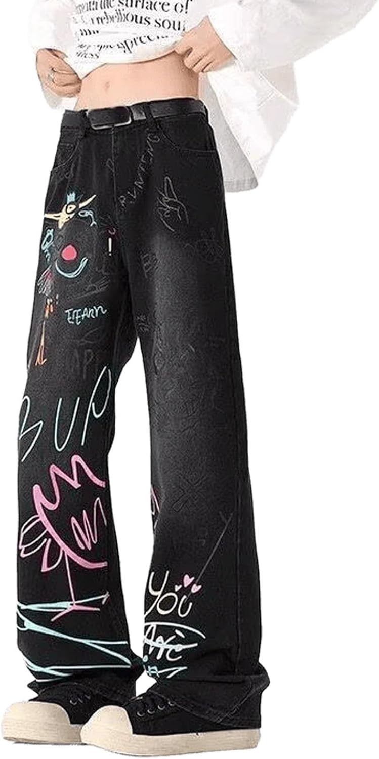 Women's American Graffiti Print Jeans High Street Spring Straight Wide Leg Floor Pants Street Trendsetter