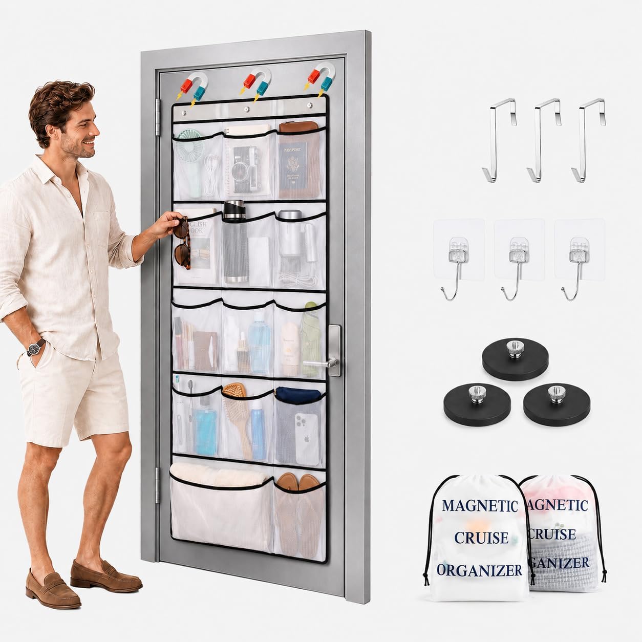 Magnetic Cruise Door Organizer, Over The Door Shoe Organizer with 14 Size-Graded Mesh Pockets, 3-Way Hanging Storage Bag for Cruise Cabin, Closet, Bathroom, RV, 3 Magnets, 6 Hooks, 2 Bags, White