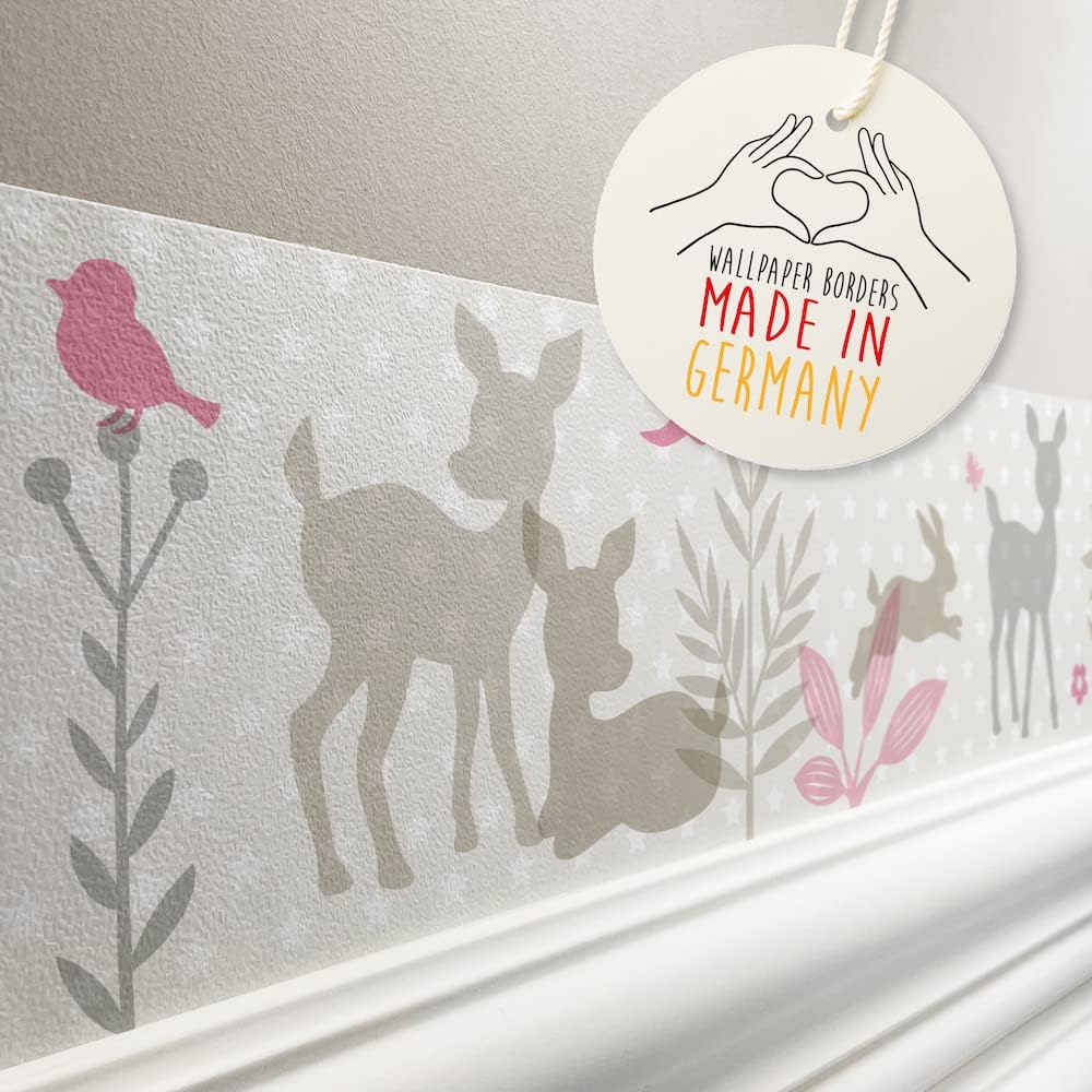 lovely labelWallpaper Border for Kids - Fawn Wall Stickers for Children's Playroom or Bedroom in Grey-Blue - Self-Adhesive Wall Border Stickers - Wall Decal