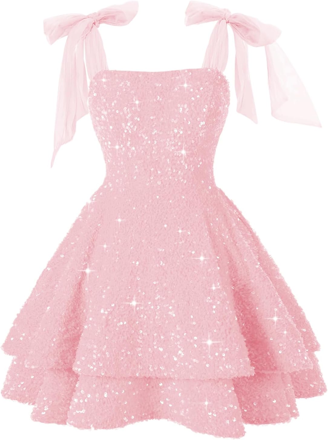 Sparkly Sequin Short Prom Dresses 2026 Spaghetti Strap Bow Christmas Dress Tiered Cocktail Party Gown FM011