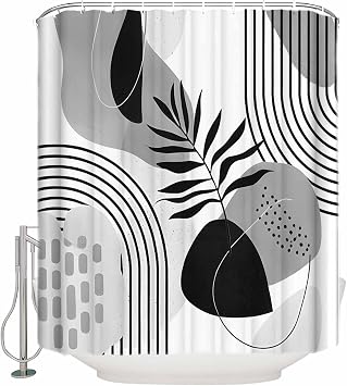 Mid Century Boho Shower Curtain Black and Grey Tropical Abstract Minimalist Shower Curtain Sets Waterproof Polyester Fabric Bathroom Curtain for Bathtub,12 Hooks 60"W X72L