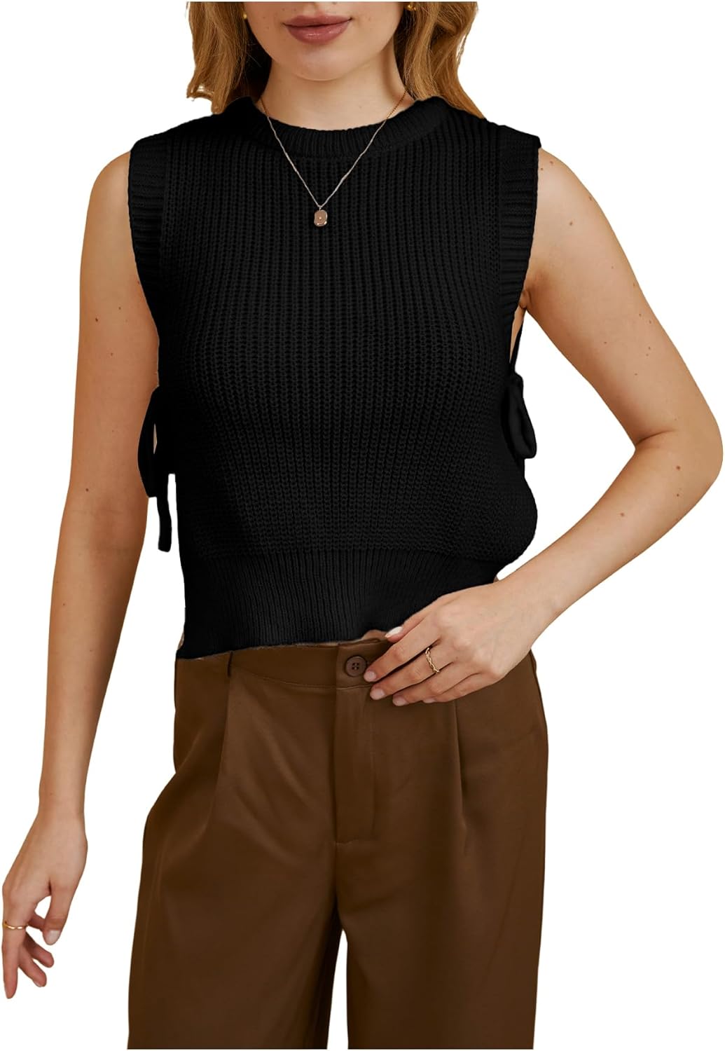 MakeMeChic Women's Tie Side Sweater Vest Tops Split Hem Knitted Sleeveless Crew Neck Tank Fall Top