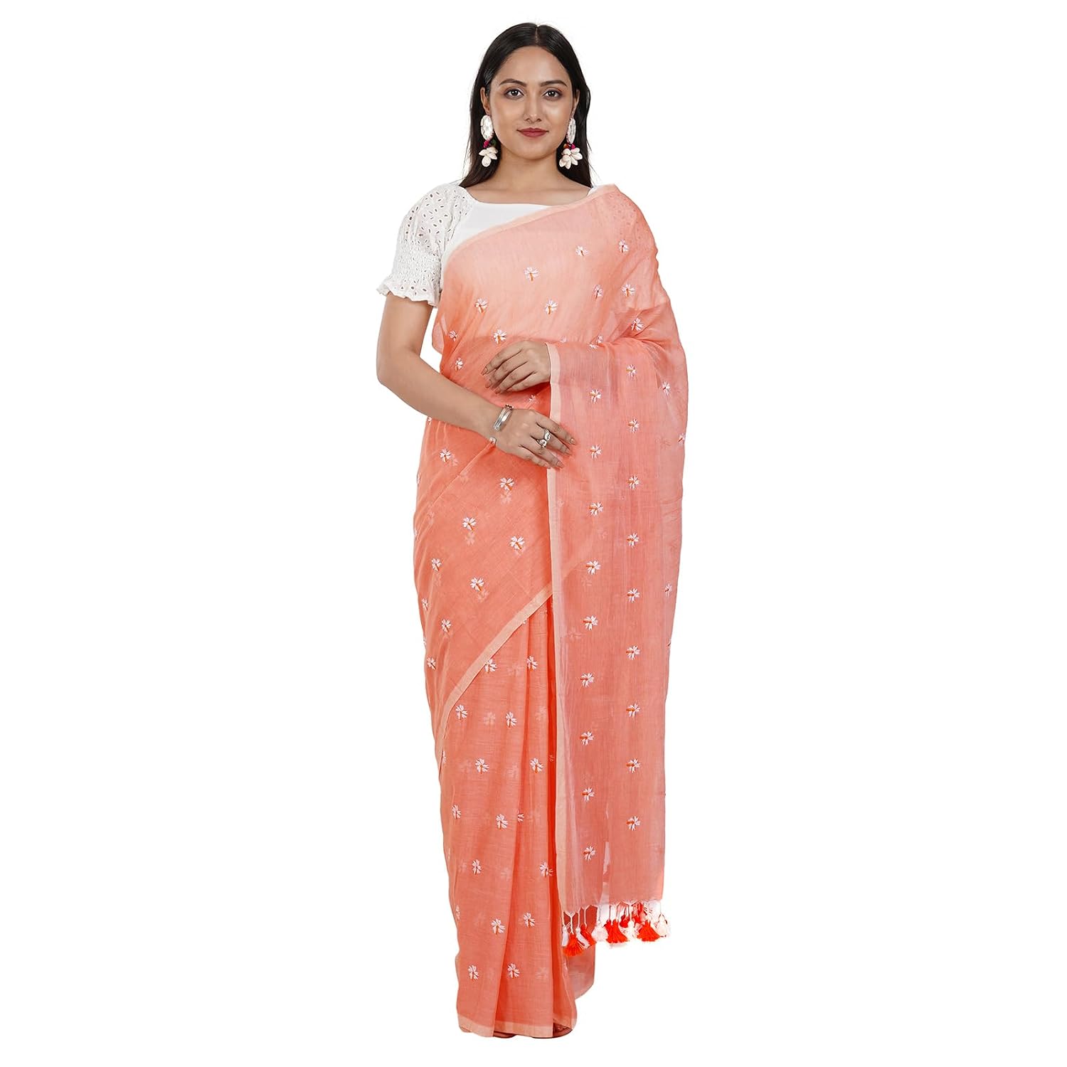 TEEJH Reiya Peach Embroidered Mulmul Cotton Saree - Review, Price and Buying Guide