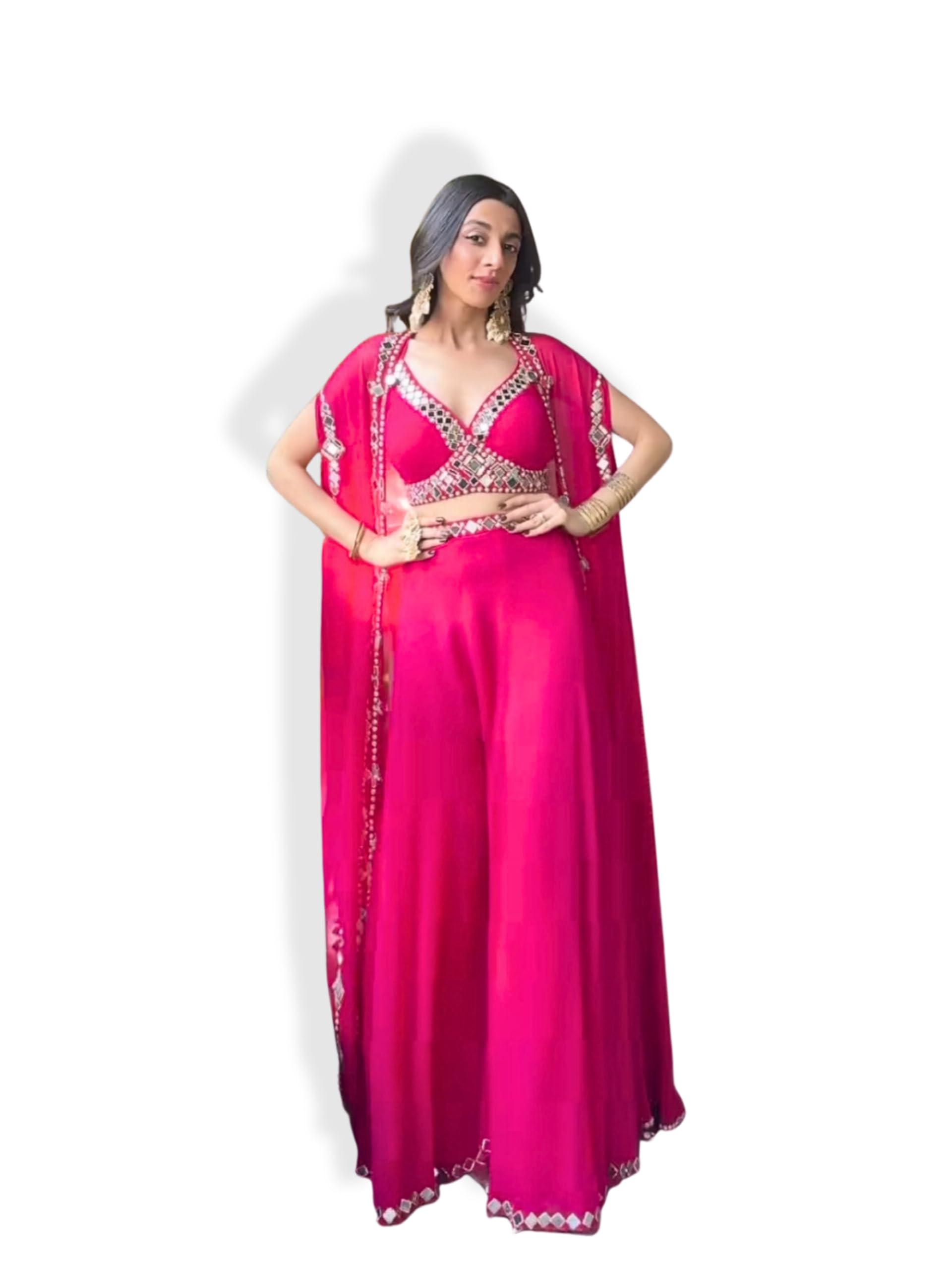 Pink Draped Palazzo & Mirror Work Blouse with Shrug – Indo-Western Fusion-image-35