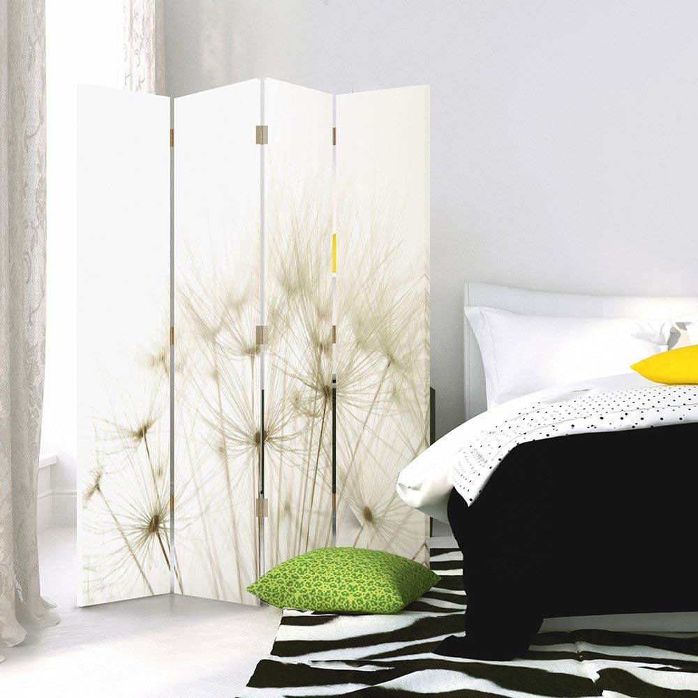 Feeby Biombo Diente De León 4 Piezas 145x180 cm Bilateral Divisor Plegable Impresión en Lienzo Separador de ambientes Habitación Salón Oficina Dormitorio Home Office Naturaleza Plantas Blanco