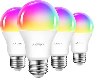 ANWIO Smart Light Bulbs 8.5W (60W Replacement) A19 E26 LED Bulb Work with Alexa, Google Assistant, Smart Life App, Tuya App, Color Changing Light Bulb,806LM,2.4Ghz only，No Hub Required（4-Pack）
