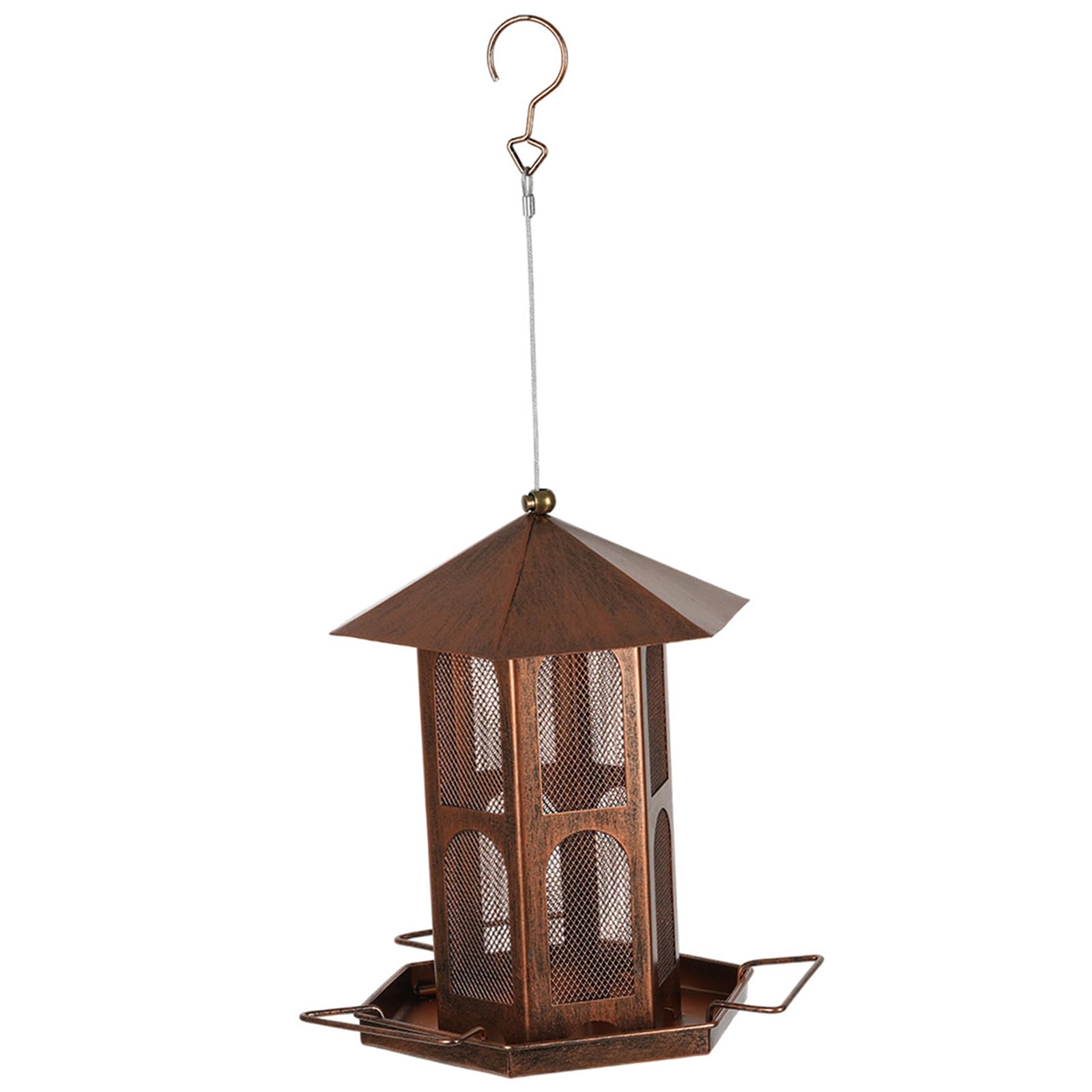 Mangiatoia per uccelli in rete per l ' alimentazione degli uccelli selvatici, supporto per alimenti sospeso con tetto e vassoio per trespolo per alberi da giardino o da patio, 19 cm / 7, 48 X 25