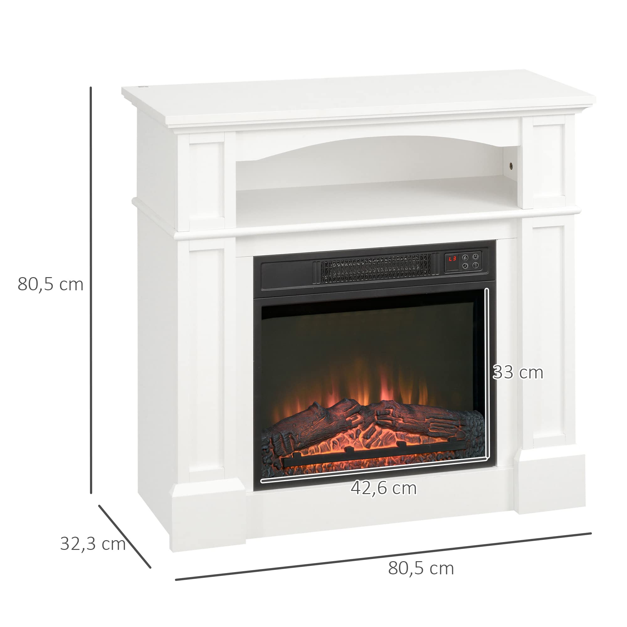 HOMCOM Cheminée électrique Effet Flammes LED luminosité réglable avec télécommande - 1800 W - 80,5 x 32,3 x 80,5 cm Blanc