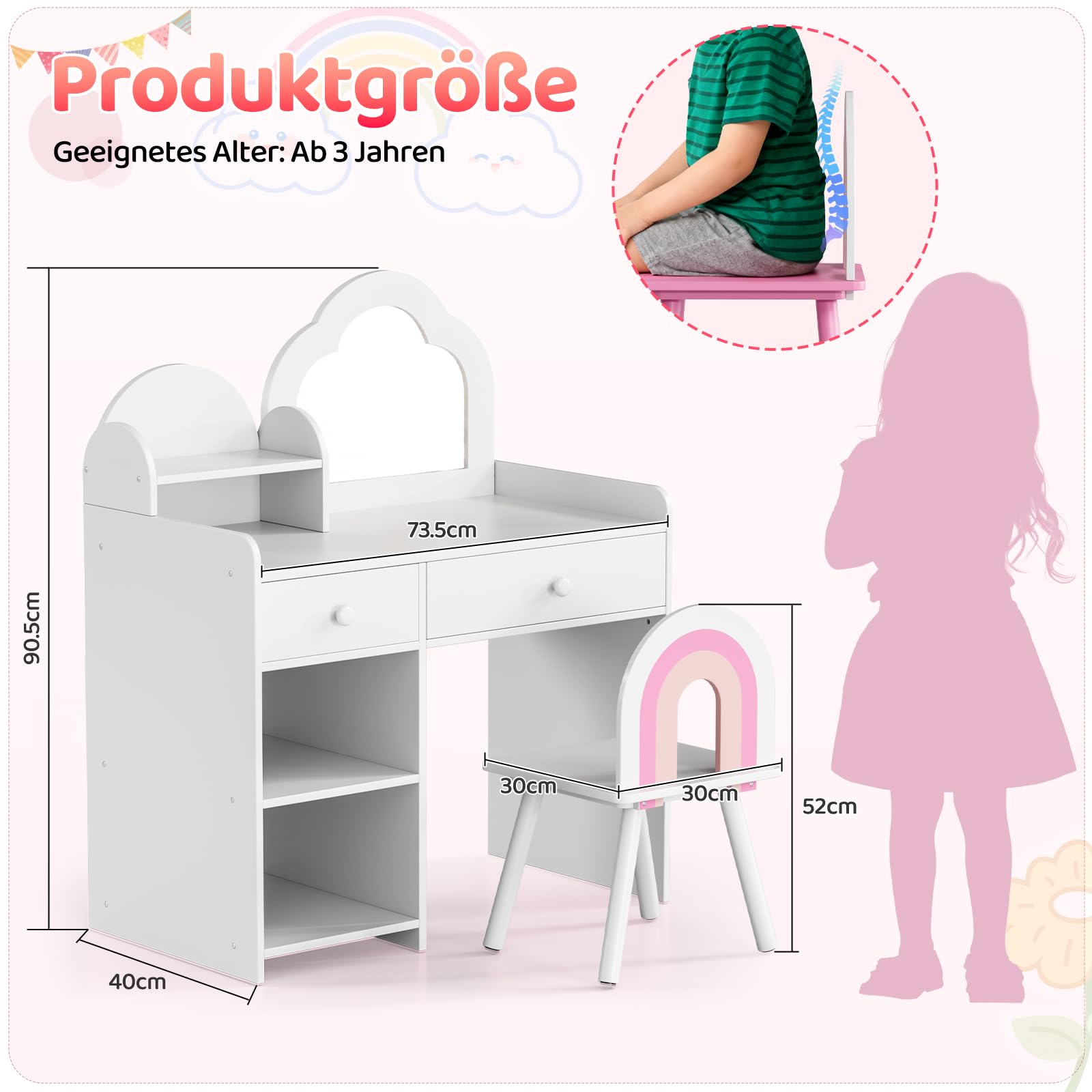 MAMIZO Schminktisch Kinder Set, Wolkenförmiger Kinderschminktisch mit Spiegel, Hocker, Schubladen und Aufbewahrungsschränken, Prinzessin Frisiertisch aus Holz, 73,5x40x90,5cm, Weiß