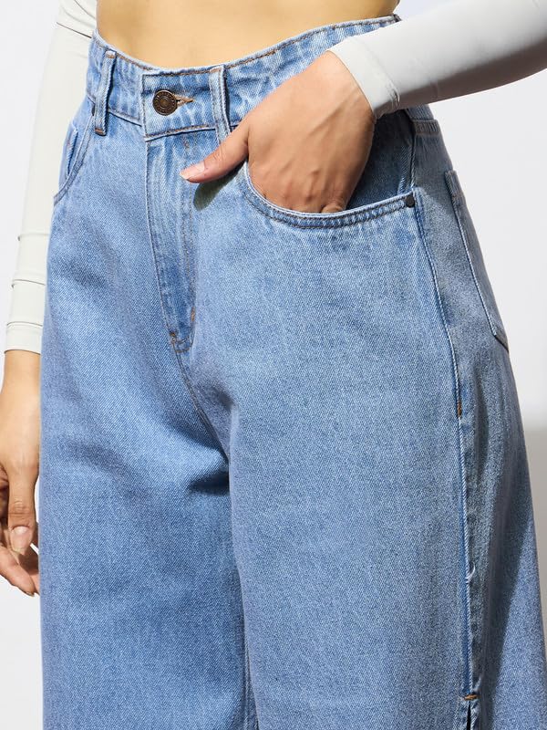 Image of Beige Side Slit Wide Leg Jeans