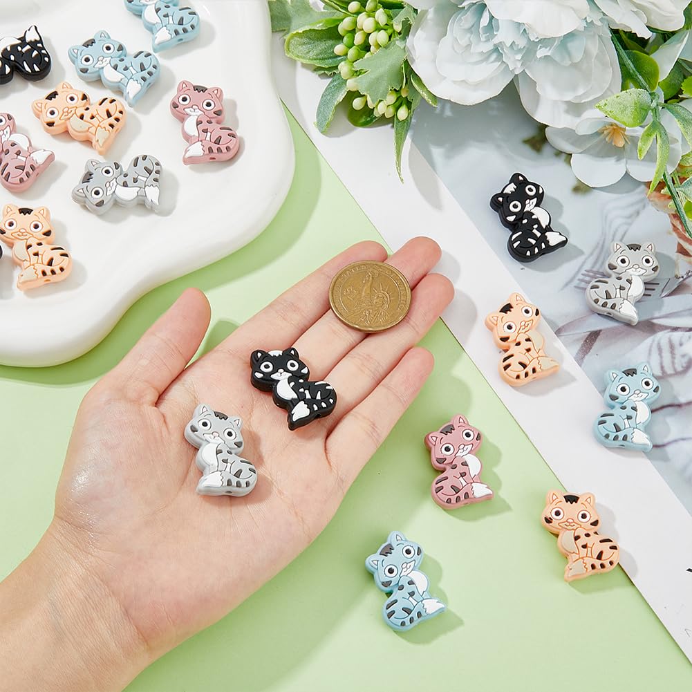 DICOSMETIC 5 Colors Cat Silicone Beads 20Pcs Character Focal Silicone Beads Animal Silicone Loose Beads for Pen Keychain Jewelry Making Craft Hole: 2mm - Image 3