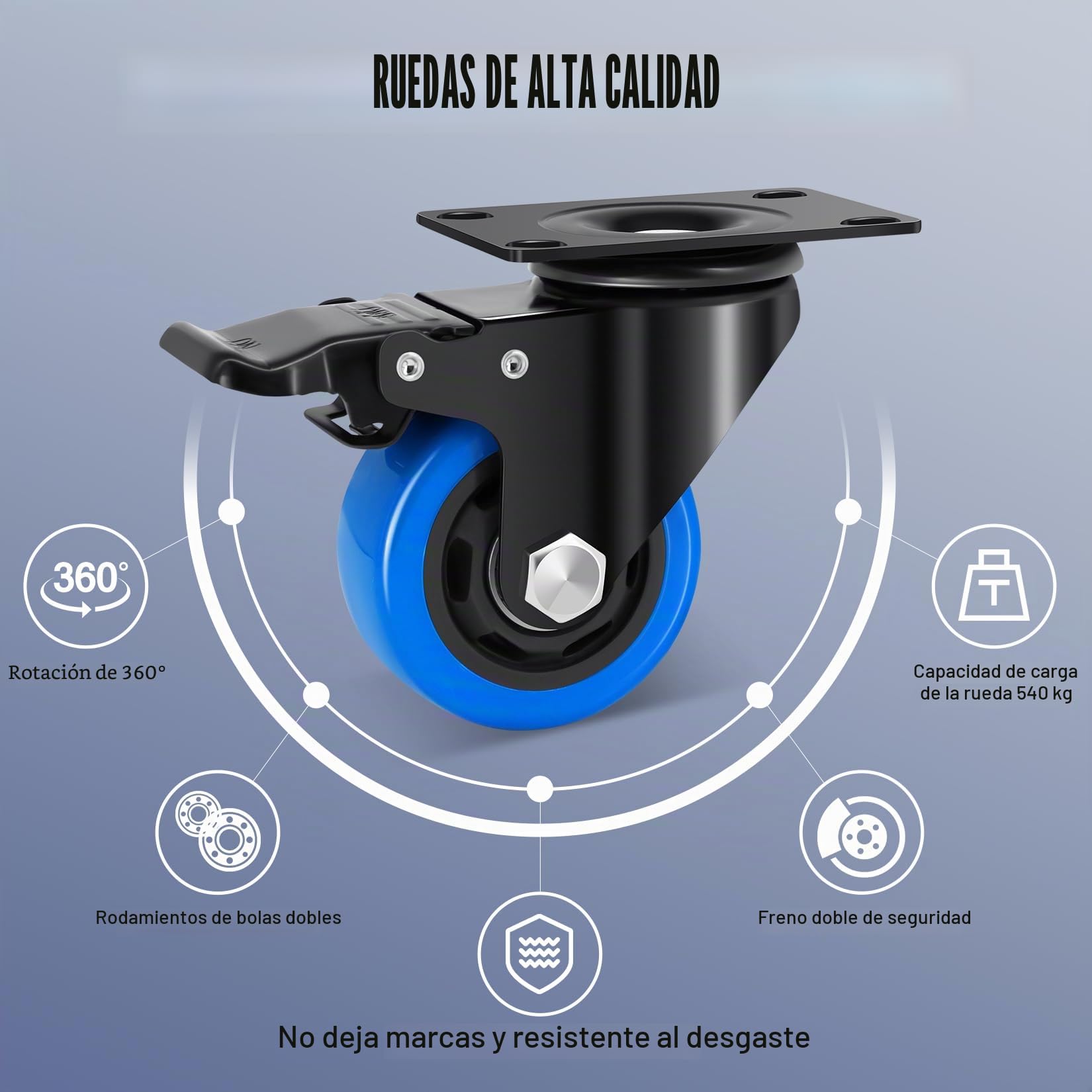 75mm Roulettes Pivotantes, Roulettes para Muebles Pesados con Doble Frein de Bloqueo, 360 Grados Poliuretano Ruedas Pequeñas Carga 540KG, Ruedas para Mover Muebles, Carros, Taller, Lot de 4