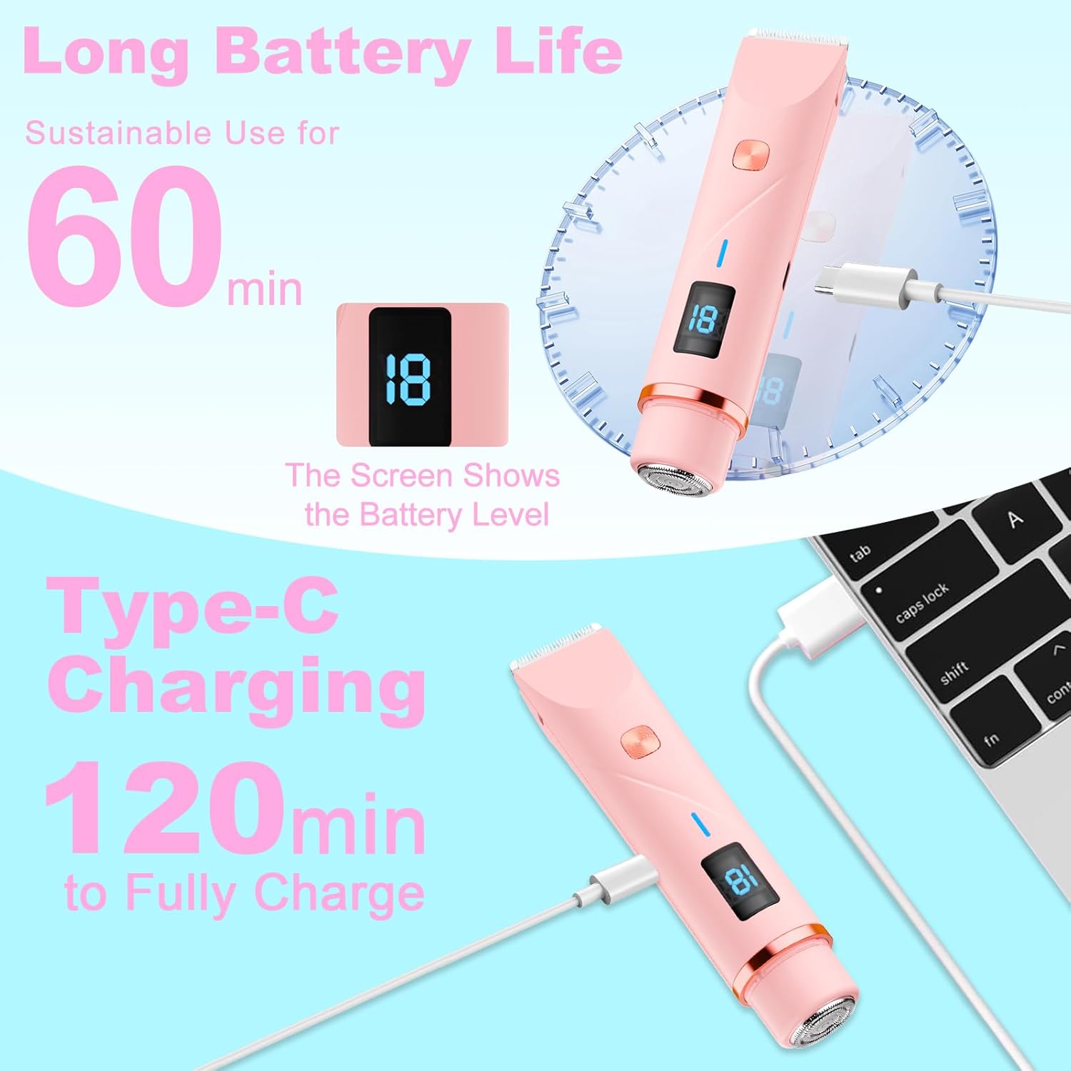 Bikini Trimmer for Women, 2 in 1 Electric Razors for Women Pubic Hair, IPX7 Waterproof Dual Head Bikini Shaver with LED Display, Rechargeable Electric Trimmer (Pink) - Image 6