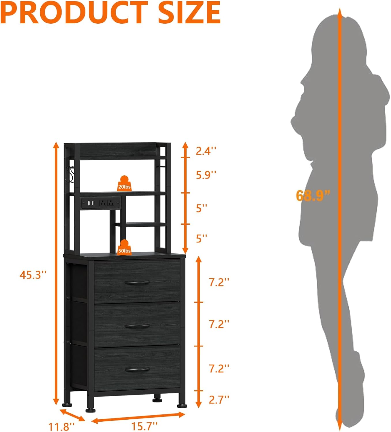 Diagram showing detailed dimensions of the Furnulem tall nightstand.