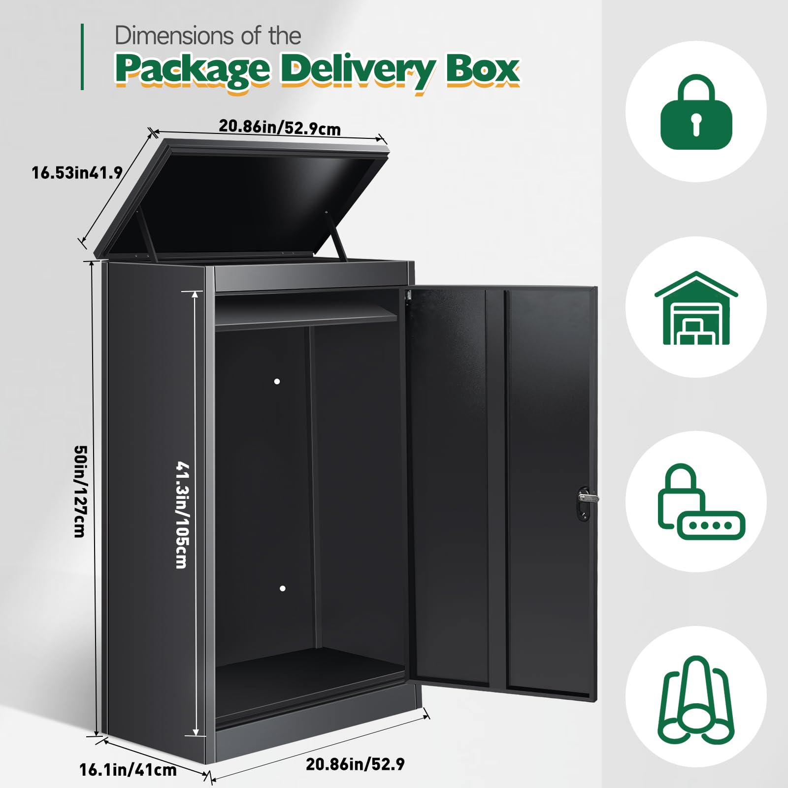 Paketkasten für den Außenbereich - Abschließbarer schwarzer Paketkasten aus Metall, diebstahlsicher, wasserdicht, rostfrei, ideal für Veranda, Zaun und Bordsteinkante - (L: 53 X 42 X 127cm)