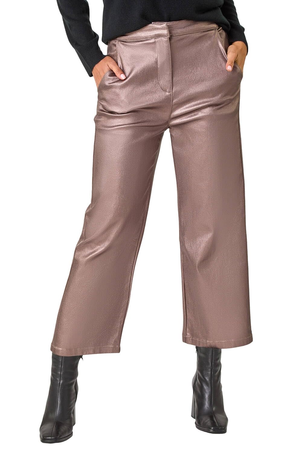 Roman Originals Coated Wide Leg Cropped Trouser for Women UK - Ladies Everyday Autumn Winter Comfy Soft Evening Vacation Work Party Night Out - Bronze - Size 20
