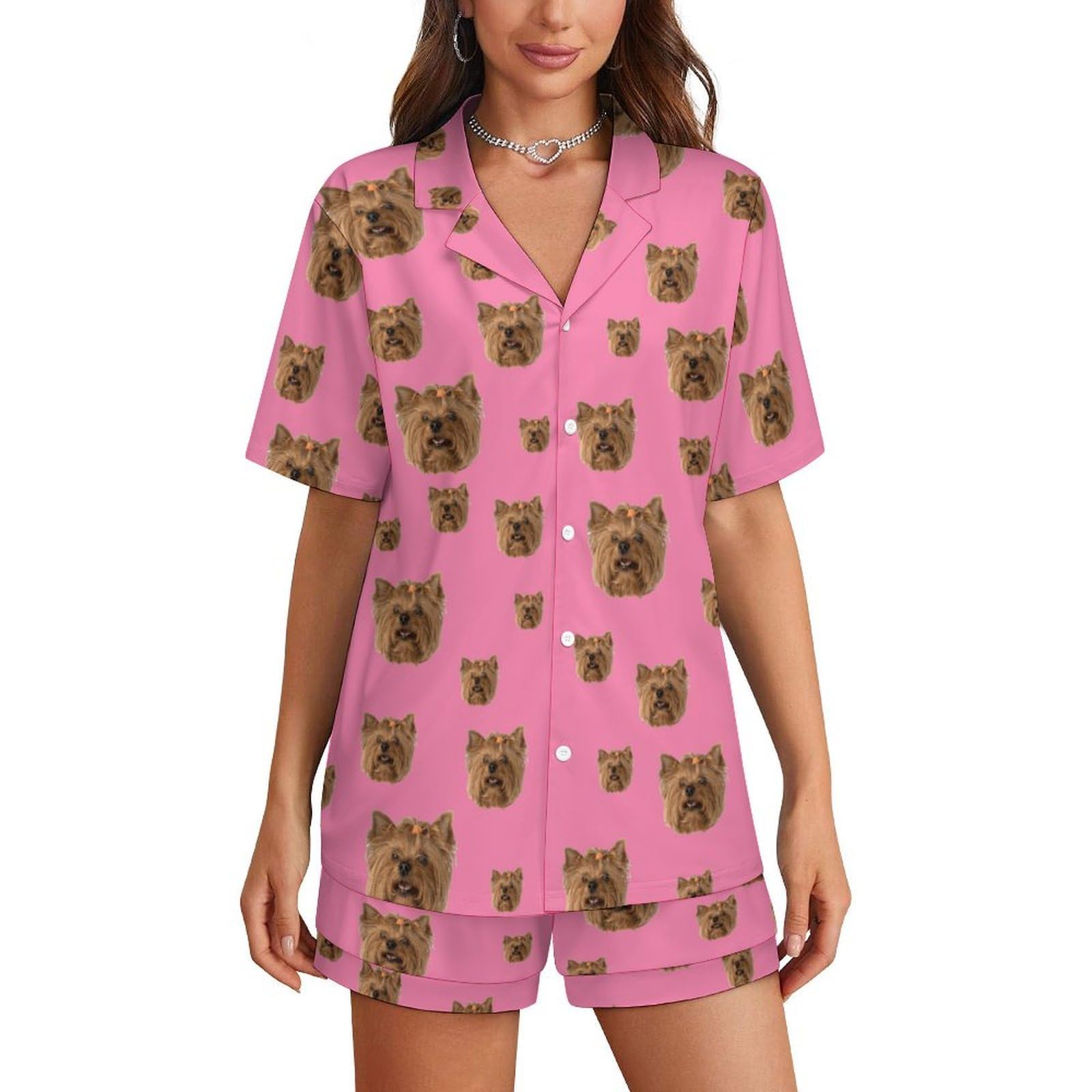asbwuo Women's Pajama Sets Yorkshire Terrier Head Lounge Wear Set Short-Sleeved Pjs And Shorts 2 Piece