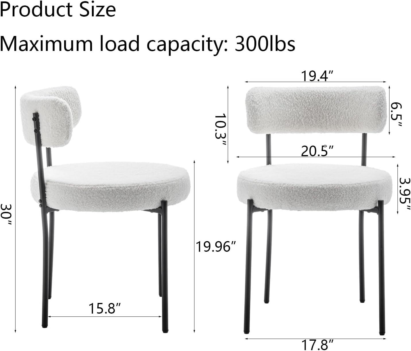 Cinxzar White Boucle Dining Chairs Set of 4, Upholstered Dining Room Chairs with Black Metal Legs, Round Modern Dining Chair for Dining Room, Kitchen