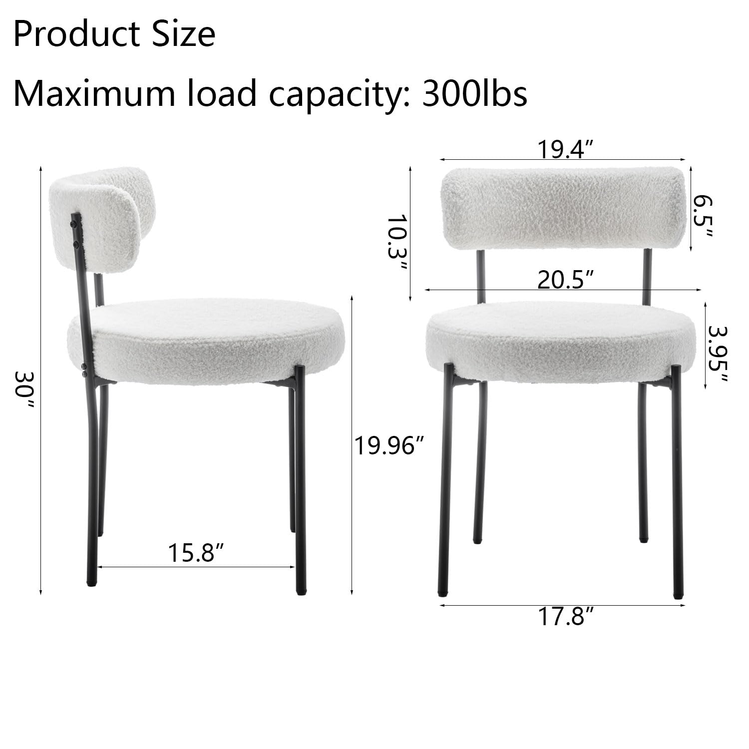 Cinxzar White Boucle Dining Chairs Set of 4, Upholstered Dining Room Chairs with Black Metal Legs, Round Modern Dining Chair for Dining Room, Kitchen