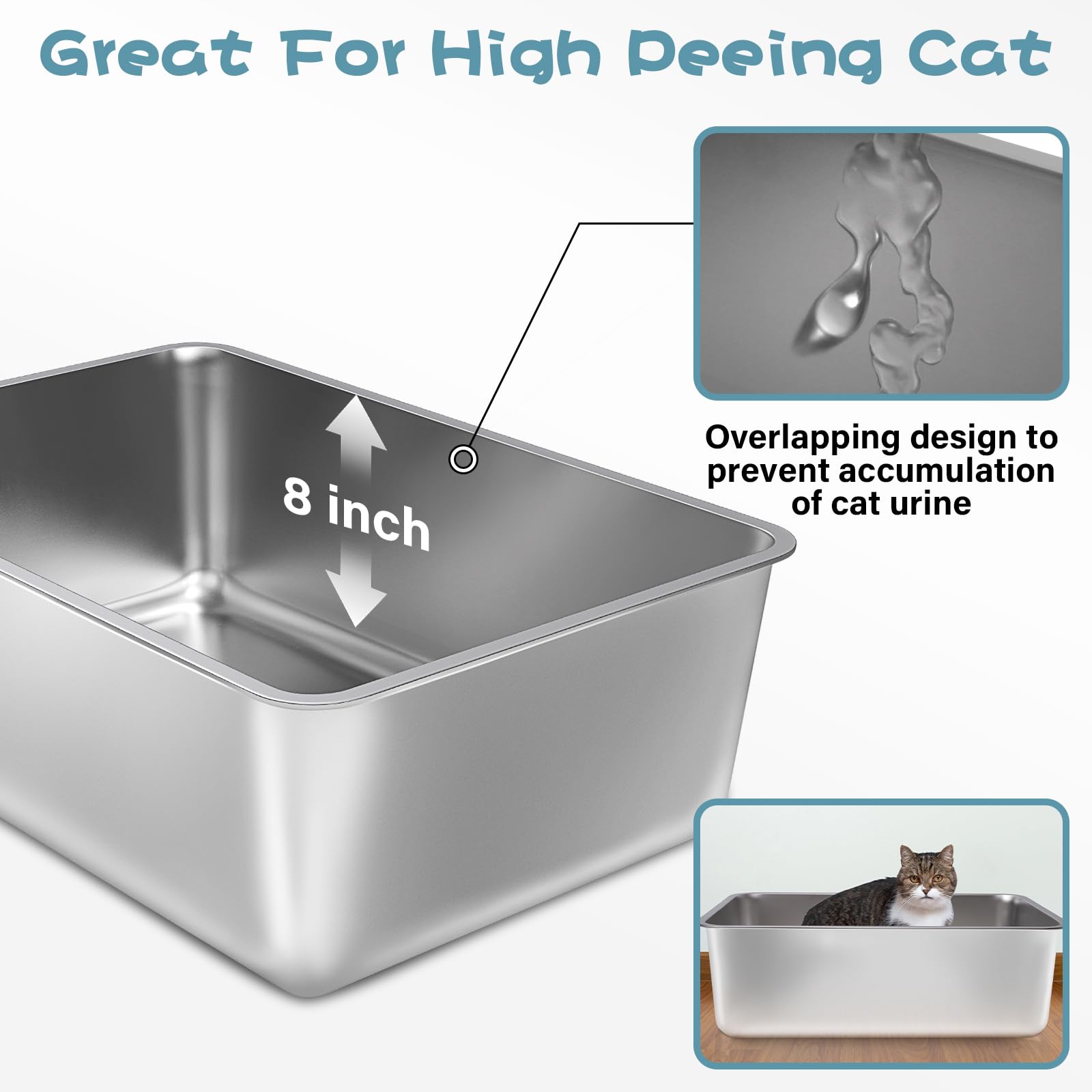 FUTAM 2 Pack Stainless Steel Cat Litter Box, 23.6"x15.8"x8" XXL Stainless Steel Litter Box 8 inch Deep, Extra Large Metal Litterbox for Big Cats, Non Stick Easy Clean Surface, High Sided - image 3