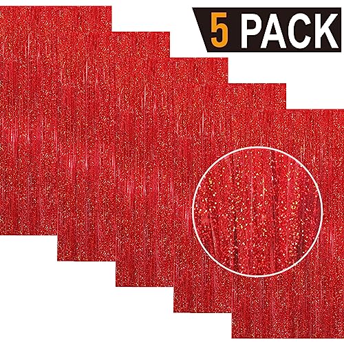 Image of GOER 3.2 ft x 8.2 ft Metallic Tinsel Foil Fringe Curtains Party Photo Backdrop Party Streamers for Birthday,Graduation,New Year Eve Decorations Wedding Decor(5 Packs,Shiny Red)