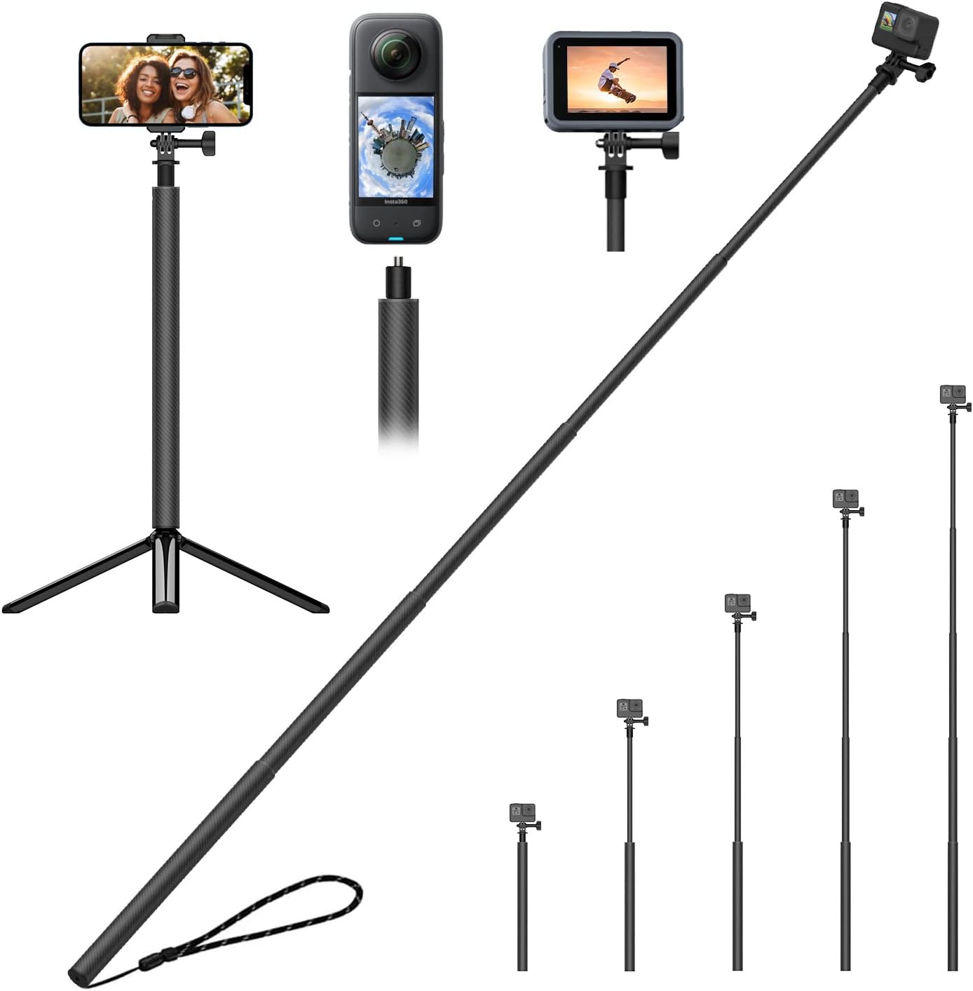 UNIXYZ 49" Long Selfie Stick with Tripod for GoPro Insta360, Invisible