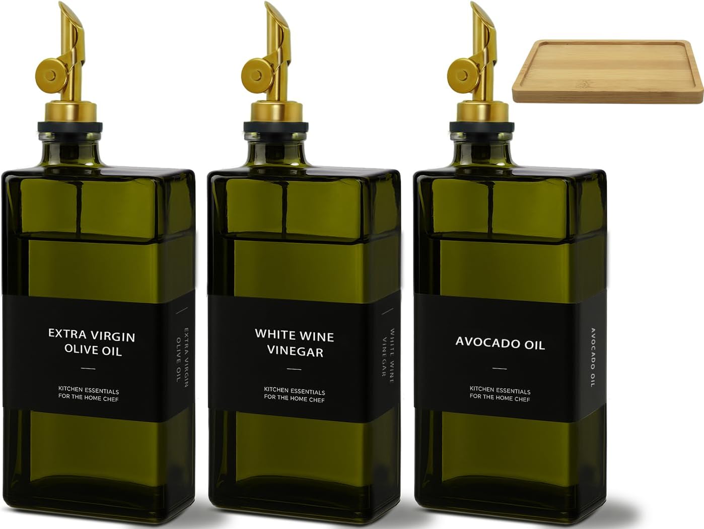 Olive Oil Dispenser Bottle for Kitchen with Bamboo Tray- Glass Oil and Vinegar Dispenser Set 16.9oz, Soy Sauce & Syrup Bottle, Modern Hostess Gift (Green, 16.9oz, Set of 3)