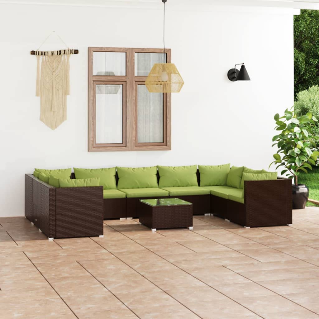 Set Divani da Giardino 10 pz con Cuscini in Polyrattan Marrone per Esterni Patio Balcone Veranda Lounge Modulare Resistente con Tavolino e Sedie