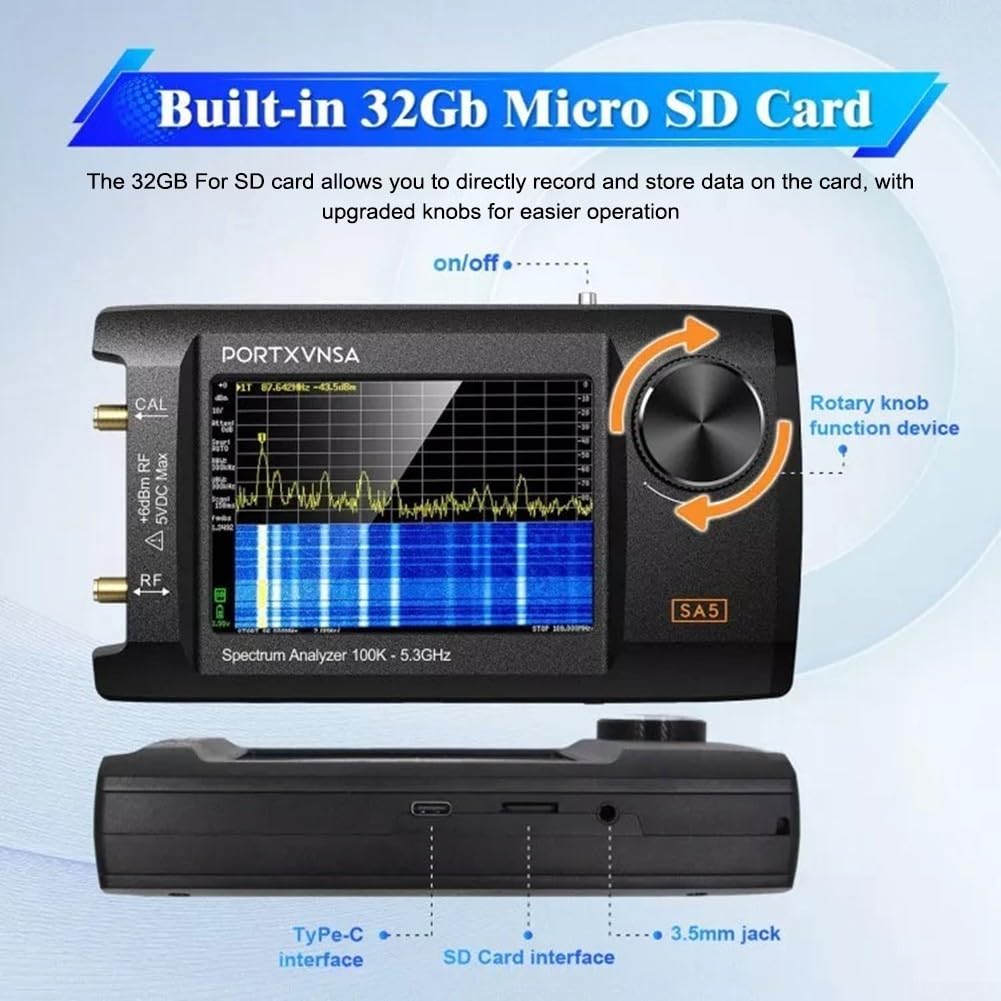 Portátil para analizador de espectro, SA5 100K-5.3GHz Generador de señal IPS LCD IFA de 4 pulgadas para medición de pruebas RF (con tarjeta de memoria 32G)