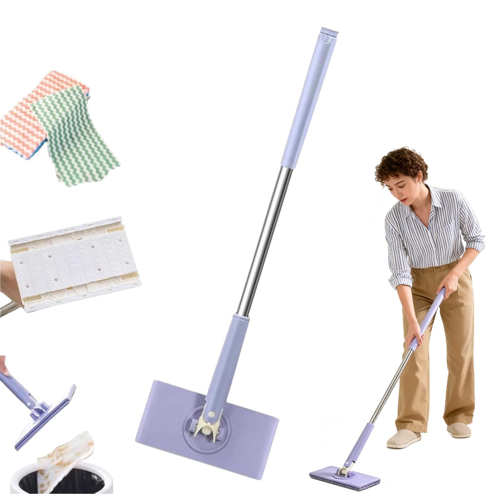Jopwue Purple Lazy Mop For Cleaning Floors Mop With Pressure Clamping System Mini Mops No Need To Wash By Hand,5 Reusable Cloths,Automatic Cloth Changing,360° Rotating Head,Suitable For Kitchens,Windows (Purple)