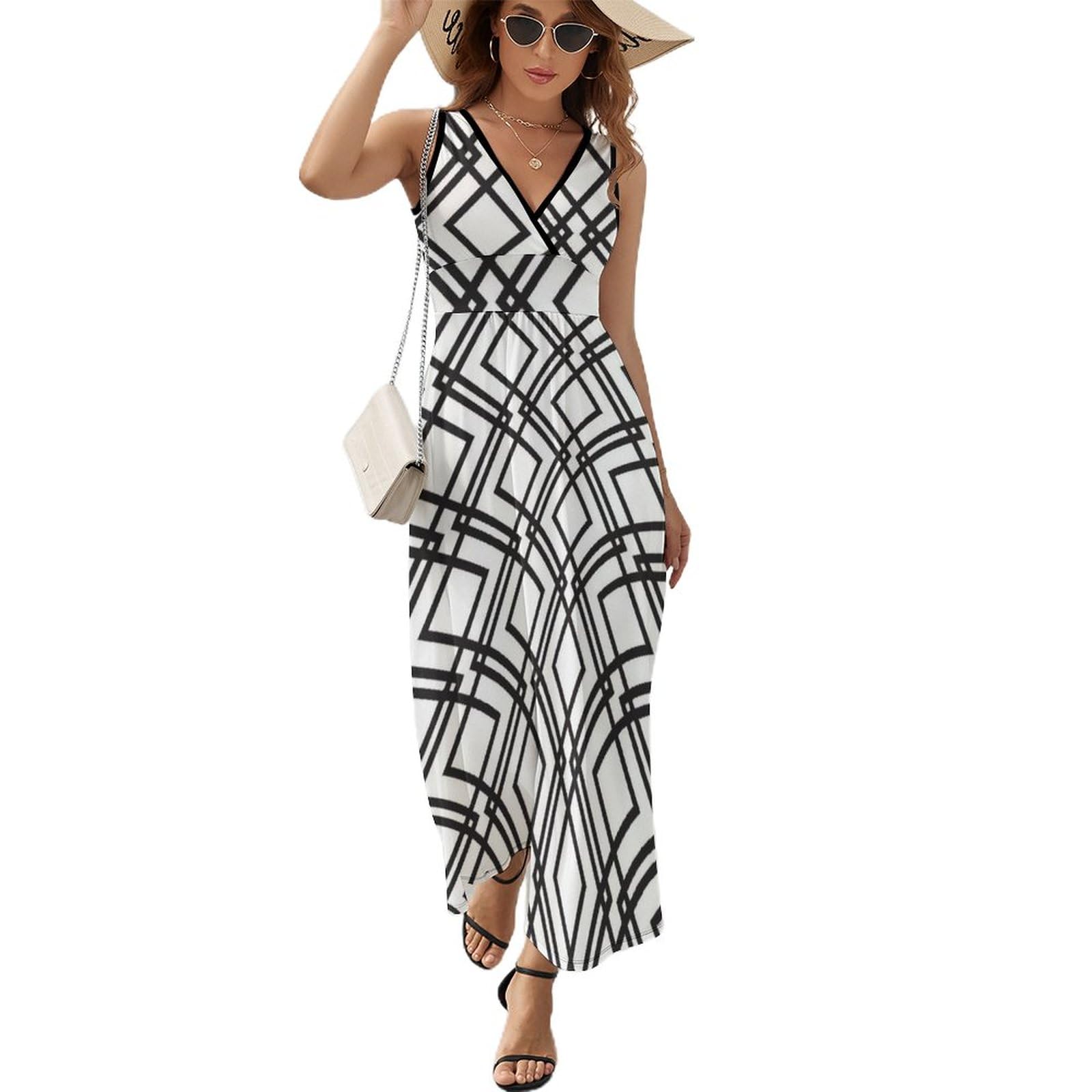 Robe maxi col V imprimé grille noire pour l'été décontracté - 8