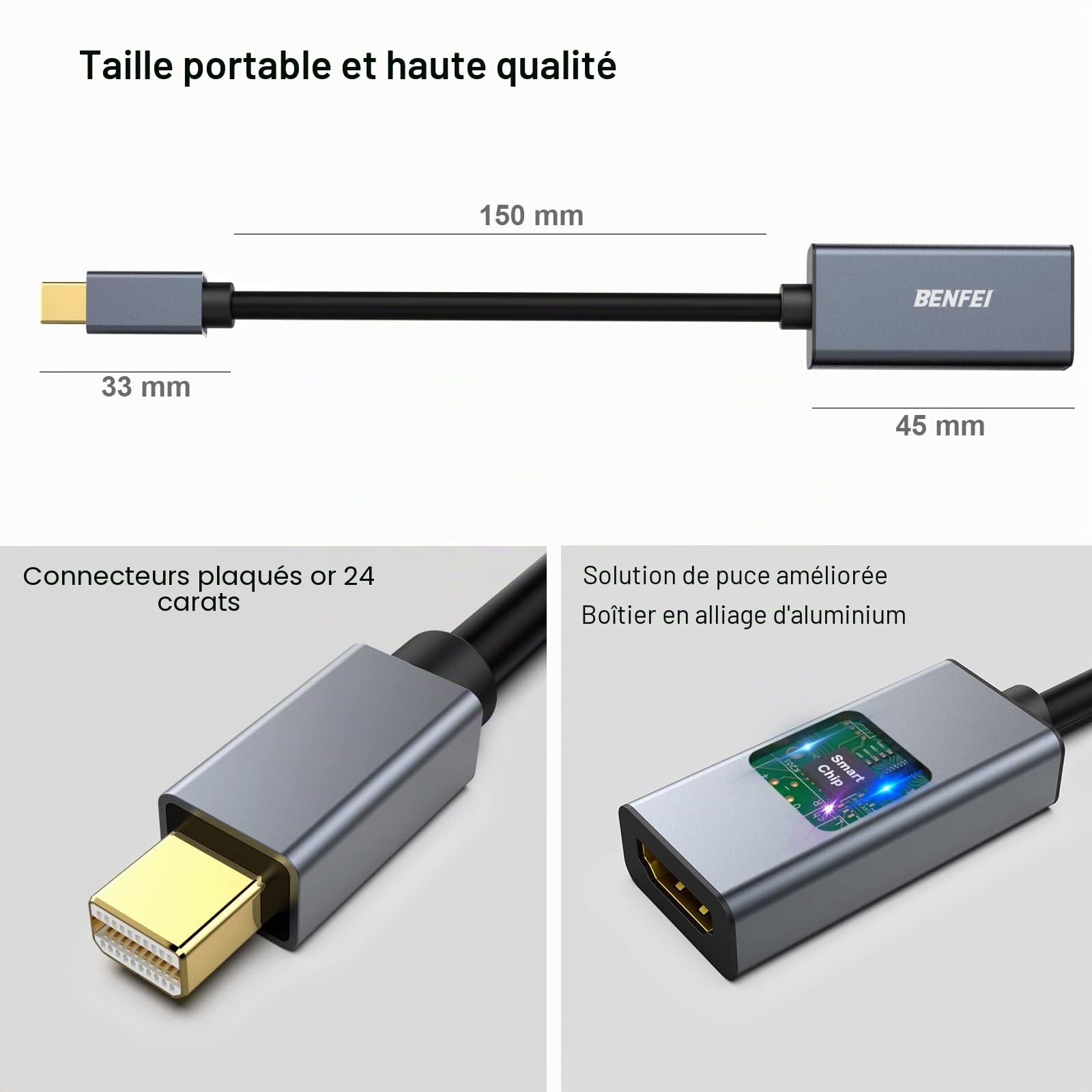 BENFEI Adaptateur Mini DisplayPort vers HDMI 4K@30Hz, Thunderbolt 2 vers HDMI pour MacBook Pro, Surface Pro, moniteur