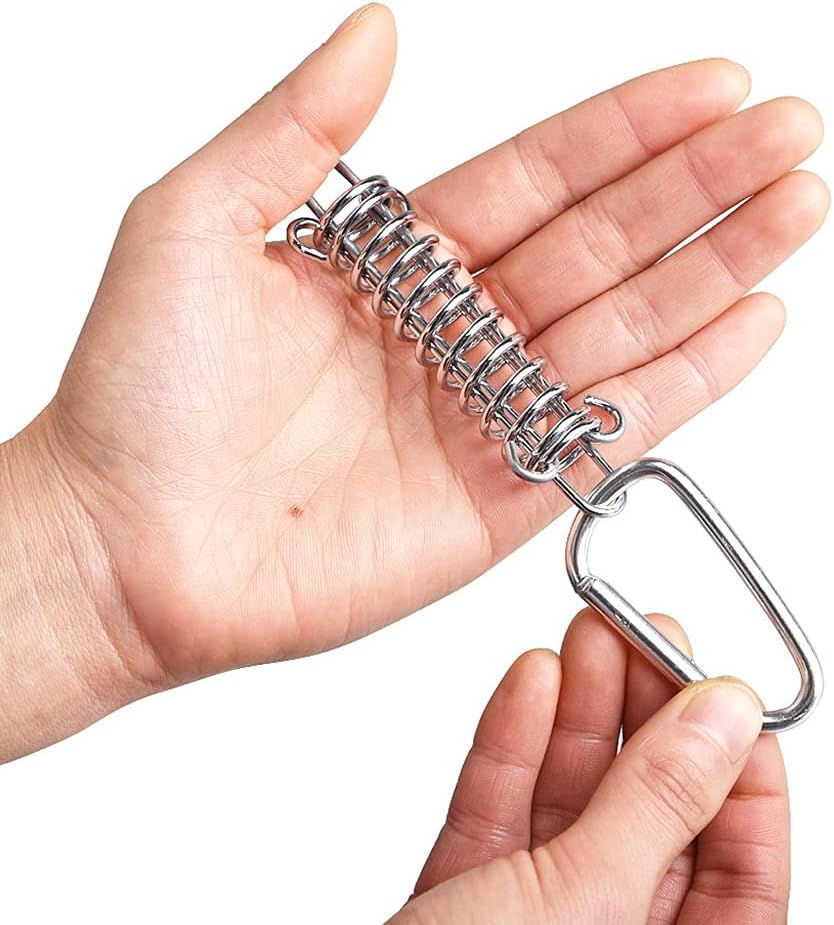 Camping Gear, 5 Pcs Steel Tent Rope Tightener with Carabiner Clips Cord Adjuster Tensioner Outdoor Camping Pegs Spring Tent Buckle