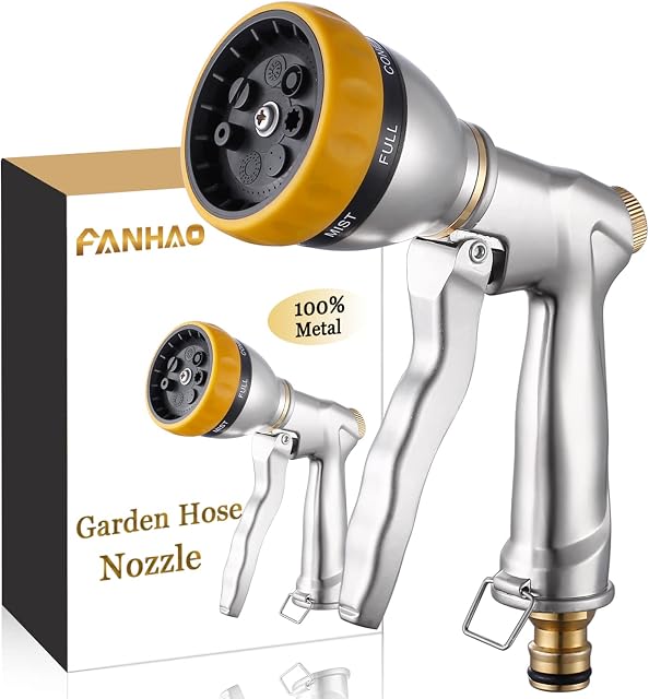 FANHAO Multi Garden Hose Spray Gun with 7 Patterns, 100% Heavy Duty Metal Garden Hose Nozzle Zinc Alloy High Pressure Water Gun for Plant Watering, Car and Pet Washing, Sidewalk Cleaning