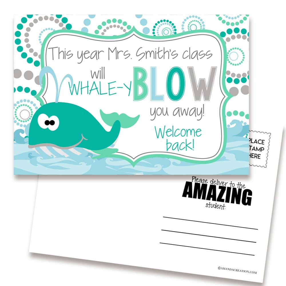 Amanda Creation Back to School Postcards Custom Whale Welcome Back Notes for Students, 30 4"x6" Fill In Notecards - Personalized Bulk from Teacher