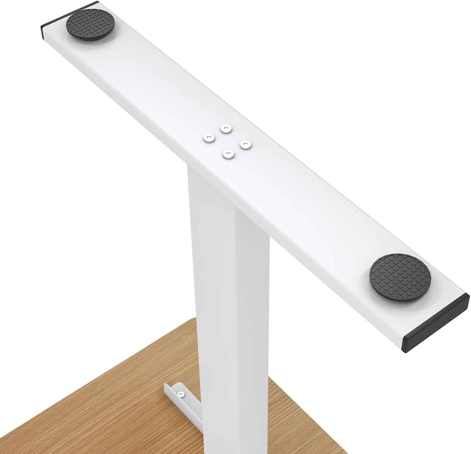 Alumine view of the desk frame showing mounting points and adjustable foot pads.