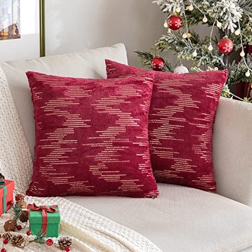 MIULEE Christmas Faux Fur Cushion Covers Fluffy Decorative Soft Throw Pillow Cover Square Plush Pillowcase for Sofa Bedroom Livingroom 18 x 18 Inch 45cm x 45cm Pack of 2, Wine Red
